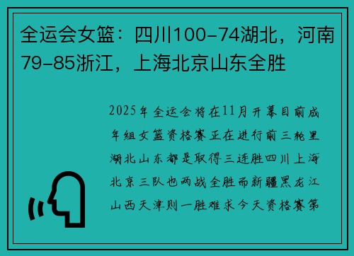 全运会女篮：四川100-74湖北，河南79-85浙江，上海北京山东全胜